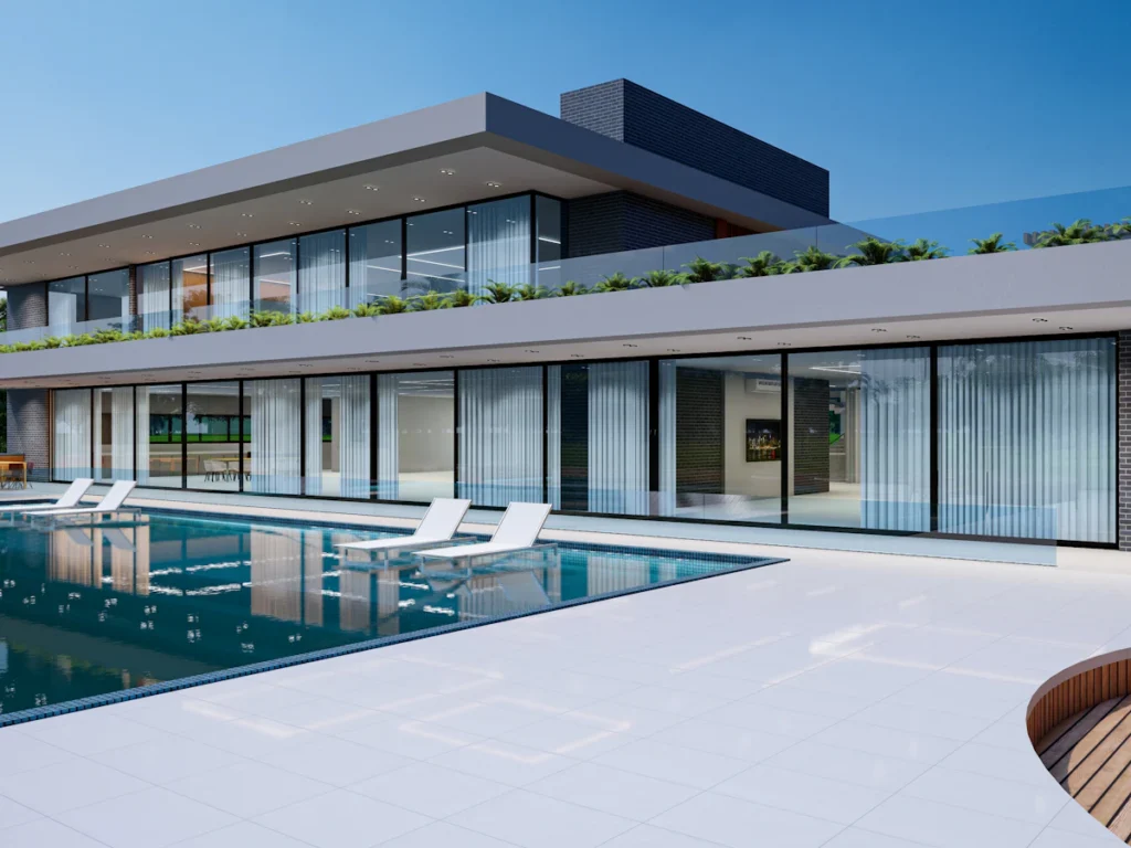 Façade et terrasse avec piscine